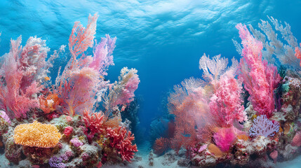 A panoramic view of underwater sea corals.