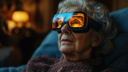 an elderly woman using smart AR glasses to monitor her health at home, warm cozy lighting