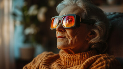 an elderly woman using smart AR glasses to monitor her health at home, warm cozy lighting