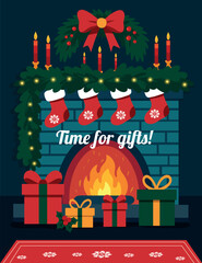 A cozy winter illustration featuring a beautifully decorated fireplace, gifts, Christmas stockings. Gifts and the warmth of Christmas, New Year, or a winter evening. For cards, greetings, social media