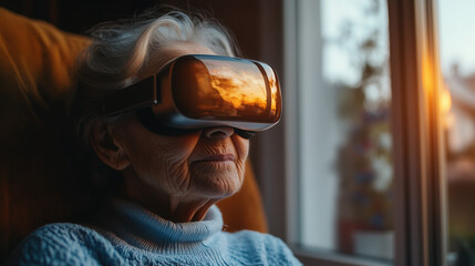 an elderly woman using smart AR glasses to monitor her health at home, warm cozy lighting