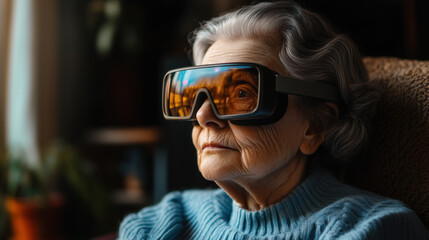 an elderly woman using smart AR glasses to monitor her health at home, warm cozy lighting