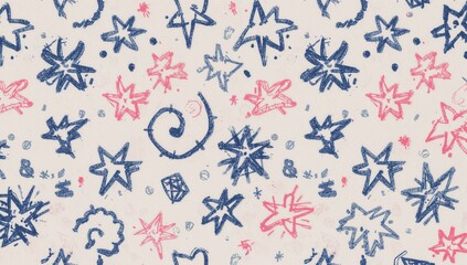 Hand-drawn blue and pink star sketches with felt-tip markers. Abstract design created using felt pens. Vibrant ink marker lines in a continuous pattern. Artistic doodle theme.