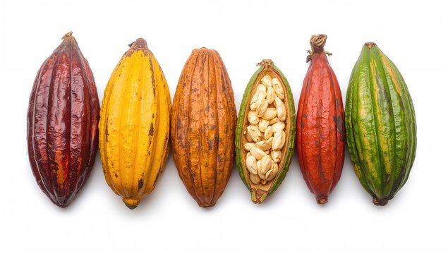 Assorted types of cocoa pods displayed on a white backdrop with clipping path.