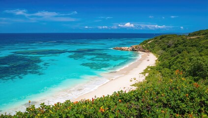 Fototapeta premium Stunning scenic vista showcasing a mesmerizing shoreline where snowy sands blend into the clear azure waters, perfect for summer vacationers' wallpapers.