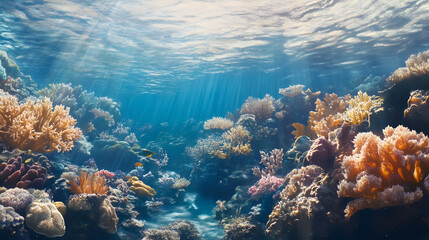 A panoramic view of underwater sea corals.