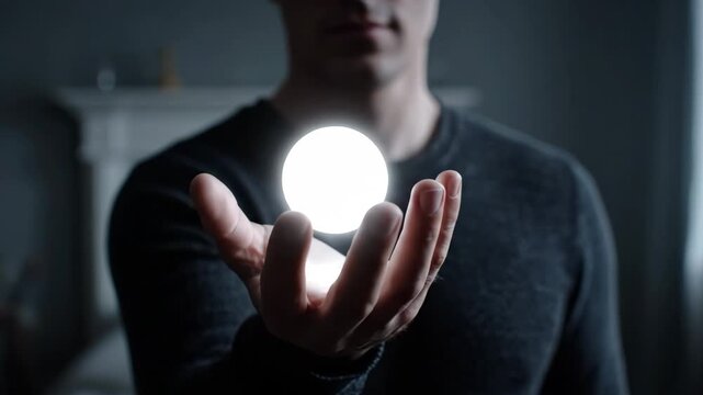 A man's hand holds a brightly glowing white energy orb in a dark setting.
