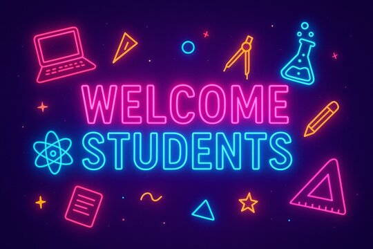 Welcome students neon sign with school icons