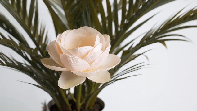A potted Cicas revoluta plant with a single flower on a white backdrop