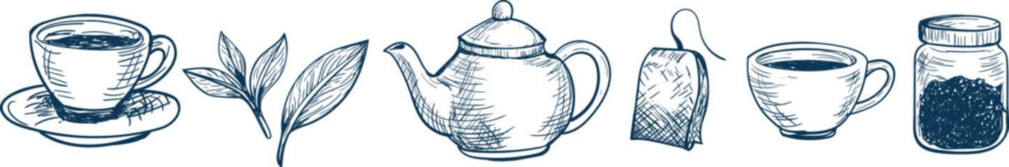 Vintage Tea Time Engraving Set: Teapot, Cups, and Leaves

