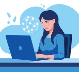 A woman working on a computer or laptop. Above her, a glowing digital network or artificial intelligence, new technologies, digital future. Suitable for educational purposes, articles, presentations