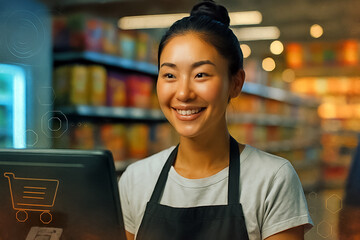 hispanic woman standing in warehouse - Retail Service Concept – Smiling Store Employee in Apron Standing Near Point-of-Sale System with Shopping Cart Icon in Grocery Environment