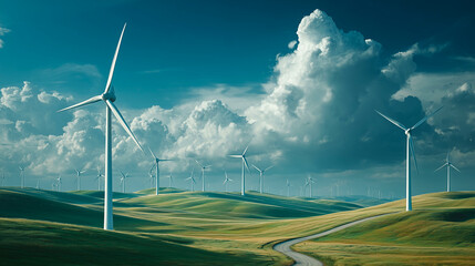 Wind turbines on green field. Alternative energy source. 3D rendering