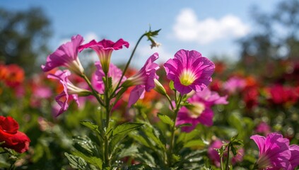 Fototapeta premium Vibrant pink petunia blooms thriving in a lush garden setting.