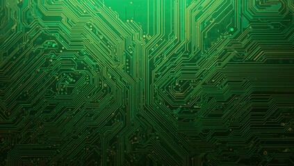 Abstract electronic circuit board texture with gold and green digital light design