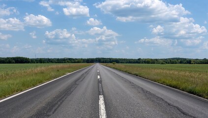 Fototapeta premium Deserted country road stretching through open fields with a distant forest under a bright blue sky.
