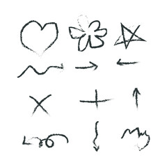 Collection of simple hand-drawn icons and symbols featuring hearts, stars, flowers, arrows, and shapes for design isolated on a white background