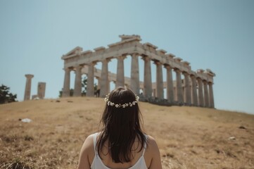A person with a floral crown stands facing an ancient Greek temple with tall columns under a clear blue sky, surrounded by a dry, grassy landscape.