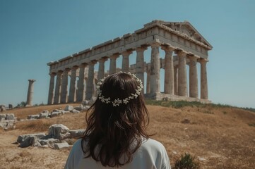 A person with a floral crown stands facing an ancient Greek temple with tall columns under a clear blue sky, surrounded by a dry, grassy landscape.