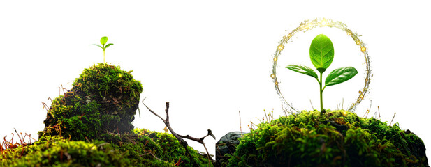 Fantasy Sprout Growing from Ancient Moss Rock with Magical Light