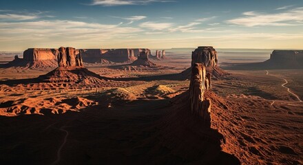 Breathtaking Aerial View of Monument Valley's Iconic Red Rock Formations at Sunset in the Southwestern United States