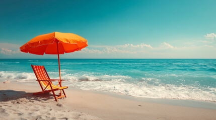 Beach chair and umbrella on the tropical beach with blue sky background