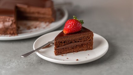 Tasty chocolate dessert topped with strawberries on a gray surface
