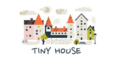 Cute tiny village street with doodle houses trees and clouds around small home building.