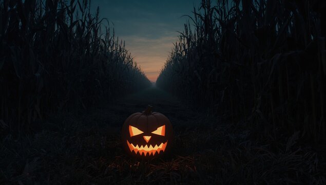 Eerie illuminated jack-o-lantern resting in a cornfield at dusk for a spooky fall celebration background
