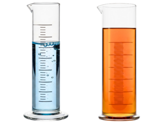 Two graduated cylinders with colorful chemical solutions on a transparent background