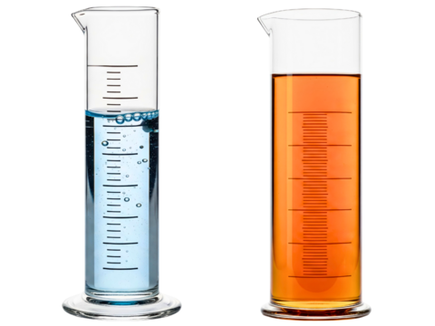 Two graduated cylinders with colorful chemical solutions on a transparent background