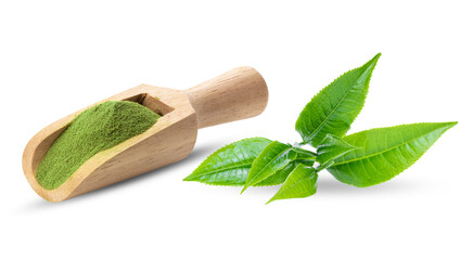 matcha green tea in wood spoon and tea leaves on transparent png ( image from camera )