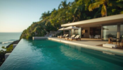 Fototapeta premium Soft focus on an upscale swimming pool with sleek architecture next to a stylish seaside villa.