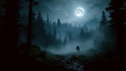 Silhouette of a lone figure walking through a dark misty forest under the full moon, creating a mysterious and cinematic atmosphere.