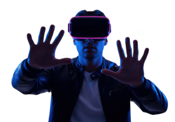 Person wearing virtual reality headset with hands extended isolated on transparent background