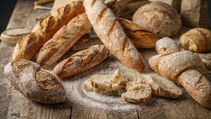 Assorted freshly baked breads displayed on a rustic wooden surface