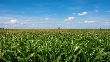 Fototapeta premium Lush maize plantation under a clear azure sky