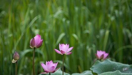 Obraz premium Cluster of violet lotus blossoms with a soft focus on leaves and towering green stalks in the backdrop