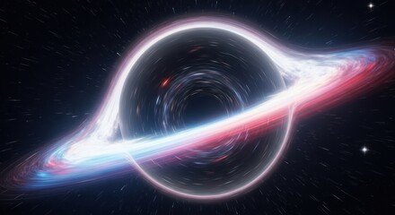 Obraz premium A black hole in space with a blue and red ring around it.