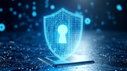 Digital security shield with keyhole on a circuit board background