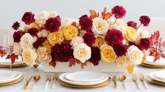 A stunning thanksgiving table is beautifully adorned with gold cutlery and an array of colorful flowers. Soft hues of pink, yellow, and deep red create a warm atmosphere for a joyful celebration - Powered by Adobe