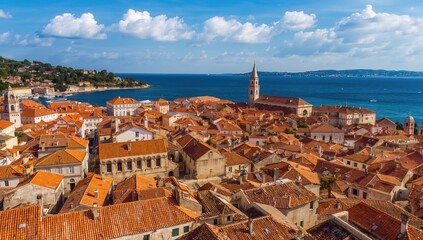 Fototapeta premium Aerial drone perspective of an ancient Balkan town with Roman heritage