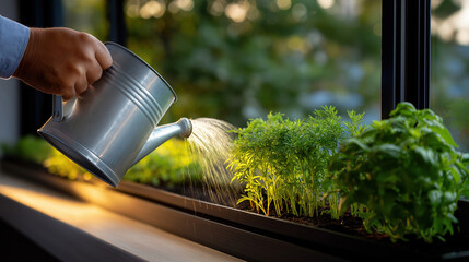 Urban gardener watering fresh herbs and vegetables indoors