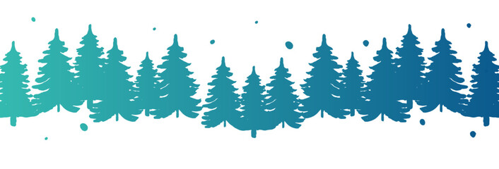 Vector fir forest in flat style. Spruce forest in vector with falling snow.