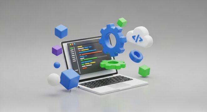 A laptop with coding tools and colorful cubes on a gray background.