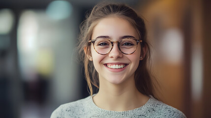 A smiling girl student or a woman teacher posing for a portrait.