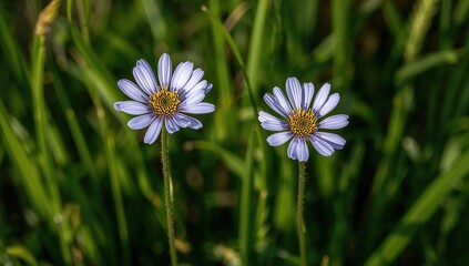 Twin blue blossoms against a lush green backdrop, showcasing floral beauty in nature