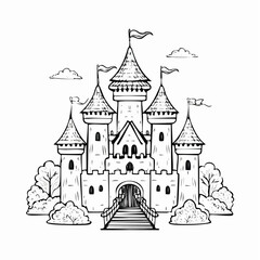 Obraz premium Fantasy castle outline drawing iconic medieval fortress fairytale illustration vector