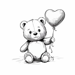 Cute teddy bear holding heart balloon simple line art illustration for kids and celebrations vector