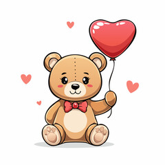 Cute teddy bear holding heart balloon simple line art illustration for kids and celebrations vector